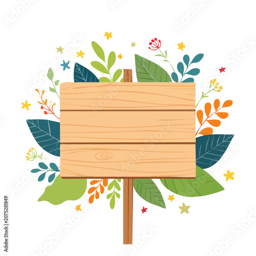 Wooden signboard with colorful leaves and stars illustration