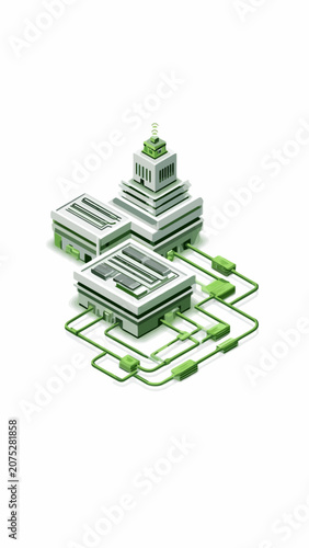 An isometric illustration of a modern data center complex with green network lines