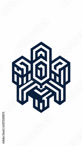 A dark blue geometric emblem featuring intricate symmetrical line patterns on white