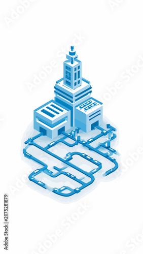 An isometric illustration of a modern industrial facility with connected pipelines
