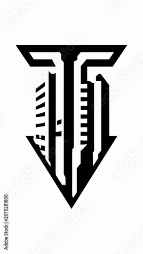 A minimalist black and white graphic design featuring a stylized urban building icon