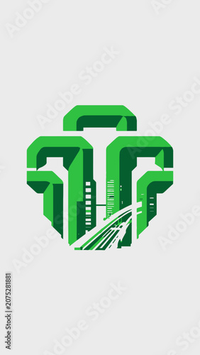 A stylized green emblem featuring a modern urban cityscape and a highway road