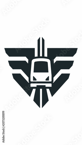 A minimalist graphic icon featuring a stylized train and wings on a white background