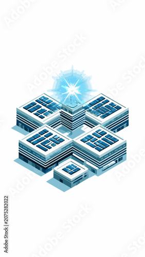A futuristic isometric city complex with a glowing blue energy core at the center