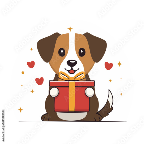 Cartoon dog holding a gift box with hearts and stars