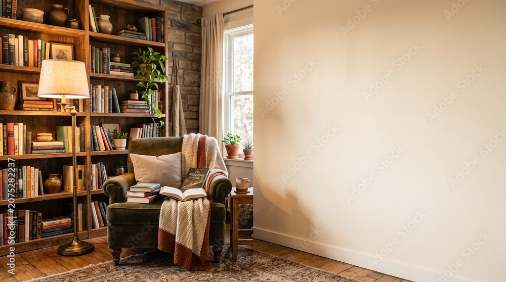Fototapeta premium Comfortable green armchair with an open book and cozy blanket placed in a warm library room featuring a large empty wall for your custom design