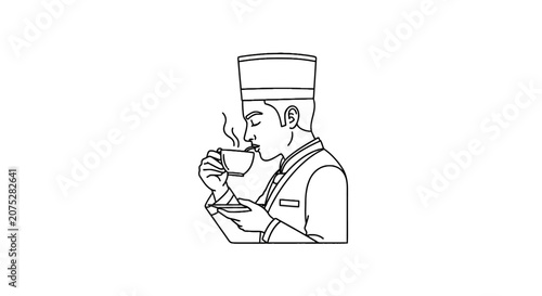 Barista Smelling Hot Coffee Cup Profile Drawing