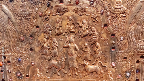 Photos Historical Religious Panel metal panel religious iconography human figures anima