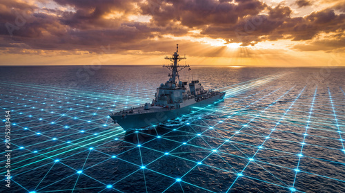 Modern naval destroyer warship sailing on the ocean at sunset with digital blue grid overlay representing advanced maritime technology and global connectivity