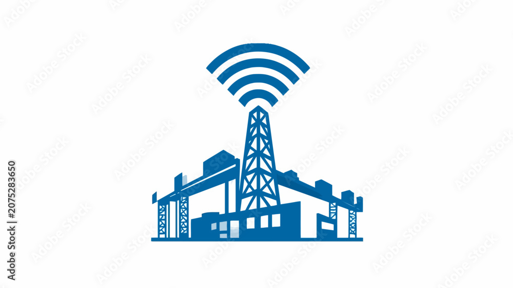 Obraz premium A blue icon representing a communication tower broadcasting a wireless signal