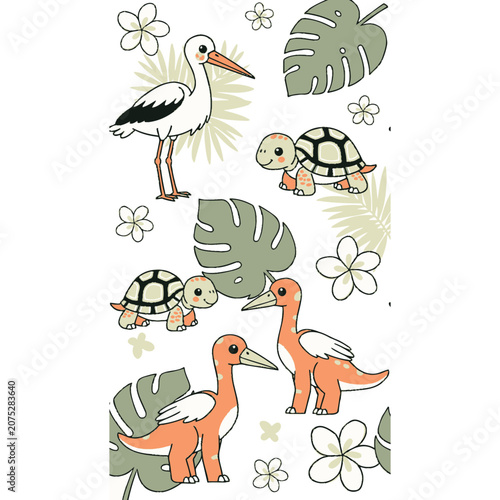 Tropical animals and plants flat vector illustration