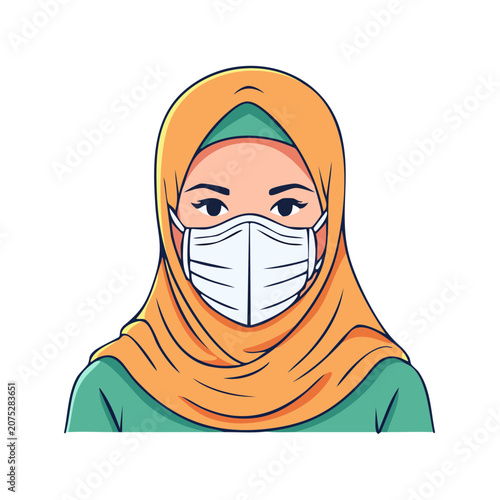 Woman in hijab and face mask flat vector illustration