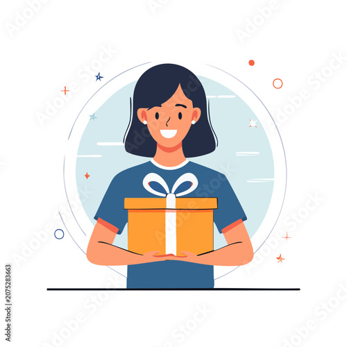 Woman holding orange gift box with ribbon, flat vector illustration
