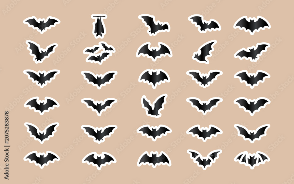 Fototapeta premium Halloween bat sticker collection black and grey bat silhouettes for decoration set