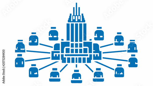 Photos A blue icon showing a central building connected to several smaller peripheral n