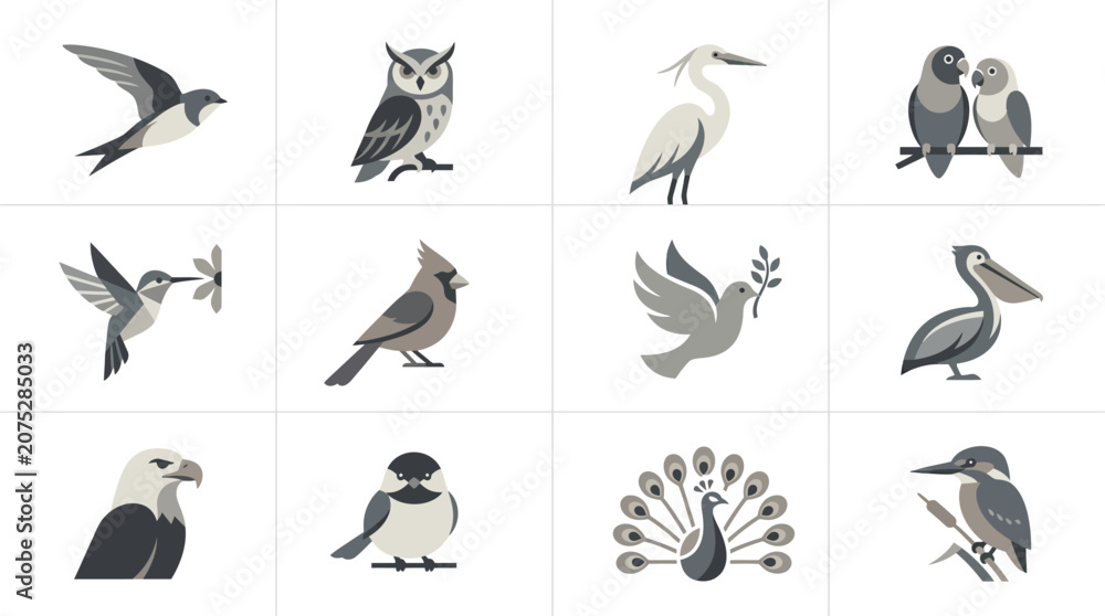 Fototapeta premium Minimalist grey bird icons for modern design.