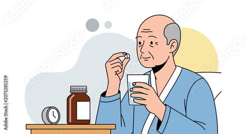 Elderly man taking medication with water, close-up, health concept