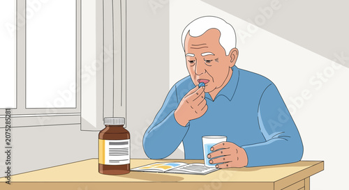 Elderly man taking medication with water, seated at table, healthcare concept