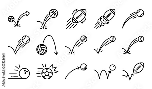 Sports Ball Bounce and Motion Icons Monochrome Vector Set
