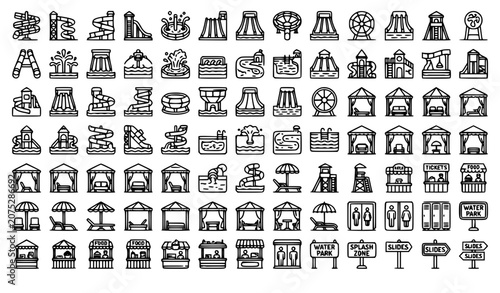 Obraz na płótnie Water park amusement attractions and theme park structures thin line icons mega