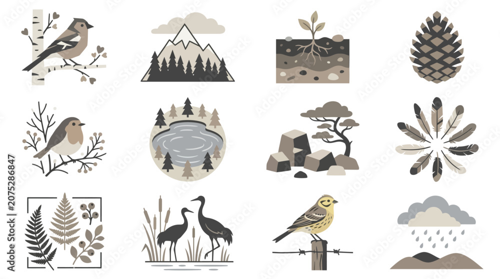 Fototapeta premium Nature and bird themed graphic icon collection.