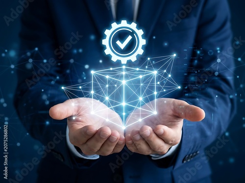 Businessman holding digital blockchain technology concept.