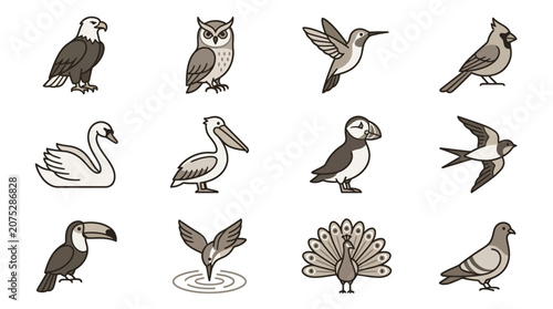 Photos Muted tone predatory and water bird icon set.