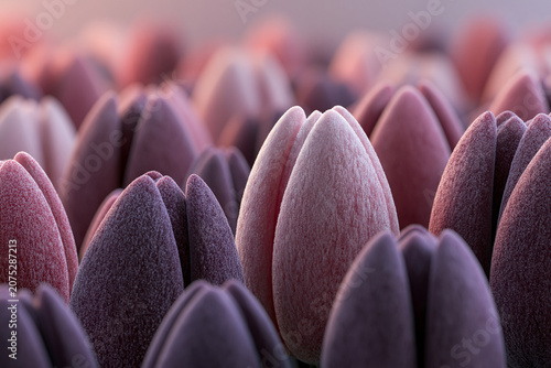 Macro close up view of numerous tulip buds in soft pink and purple tones neatly arranged with a shallow depth of field creating an elegant abstract floral background