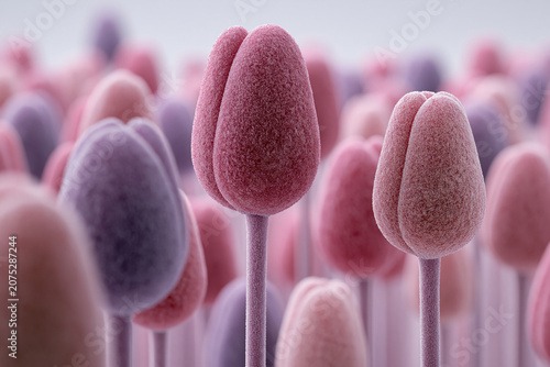Macro close up view of numerous tulip buds in soft pink and purple tones neatly arranged with a shallow depth of field creating an elegant abstract floral background