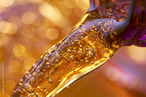 Macro high resolution photograph of golden amber liquid pouring with sparkling air bubbles and beautiful bokeh background suitable for honey oil beer or syrup concepts