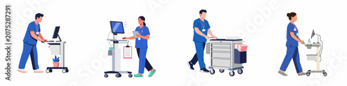 Set of flat vector illustrations showing medical staff in blue scrubs operating mobile computer carts and medical trolleys in a hospital setting.
