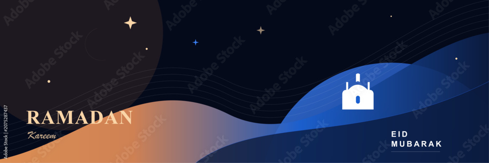 Naklejka premium Ramadan kareem and eid mubarak greeting card design with mosque silhouette, stars and abstract wavy blue background