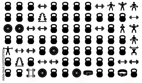 Fotografía Gym fitness equipment icons mega set featuring kettlebells dumbbells barbells we