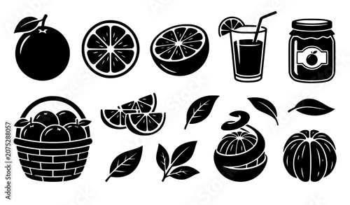 Cuadro en lienzo Orange fruit and citrus icon set featuring black silhouettes of whole oranges sl