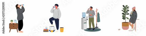 Cuadro en lienzo Flat illustration set of diverse people staying hydrated by drinking water from bottles, glasses, and coolers in various everyday settings