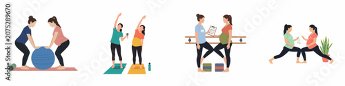 Set of flat illustrations showing pregnant women exercising with instructors in various prenatal fitness classes, including yoga, stretching, and stability ball workouts.