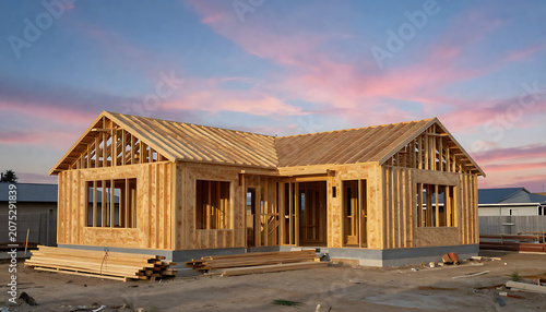 House Construction – Wooden Frame at Sunset
