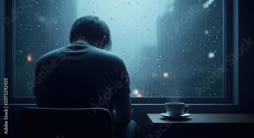 Contemplative Figure Gazing Out of Window During Rainy Evening.