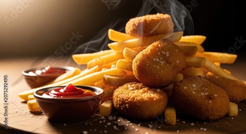 Delicious Fried Chicken Nuggets and French Fries with Ketchup on a Wooden Surface.