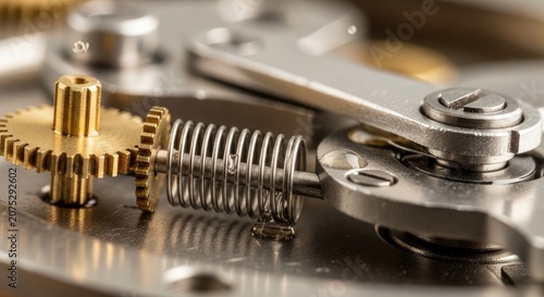 Detailed Close-Up of Mechanical Components Showing Gears, Springs, and Screws.