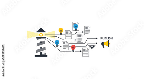 Cuadro en lienzo A lighthouse illustration showing the process of distributing creative content i