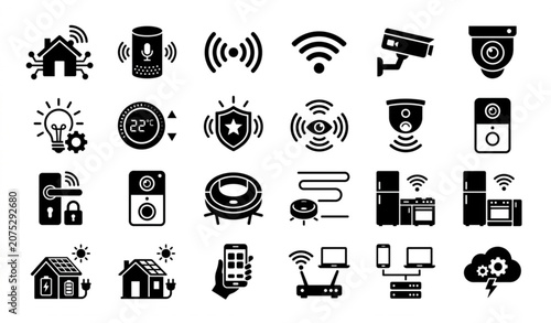 Foto Monochrome smart home icon collection with connected house automation devices an