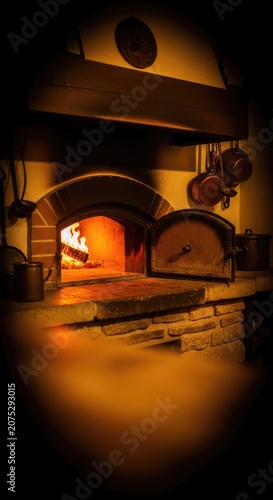 Rustic Brick Oven with Flames and Open Door in Dimly Lit Kitchen.