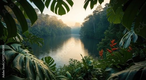 Serene Tropical River Scene with Lush Green Foliage and Sunlight.