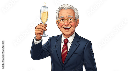Smiling elderly businessman celebrating with a champagne glass, isolated on a white background. Ideal for success and celebration concepts.
