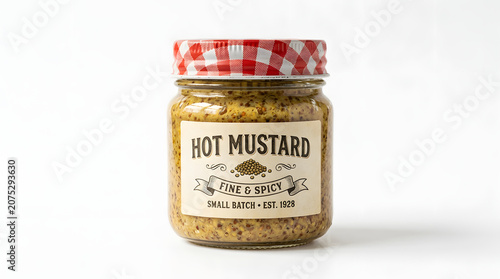 Glass jar of hot mustard with a classic checkered lid isolated on a white background. High quality condiment product illustration.