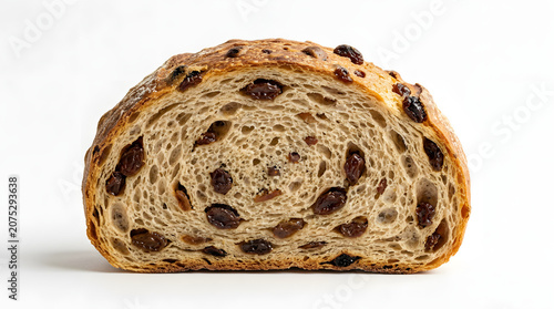 Fresh slice of raisin bread with a golden crust and soft interior filled with raisins, isolated on a white background. High quality bakery food illustration.