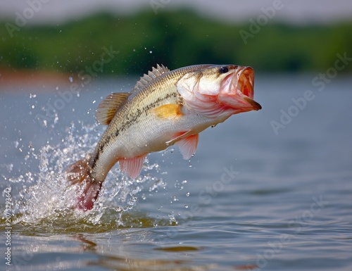 Largemouth bass leaps from water, mouth open, splashing