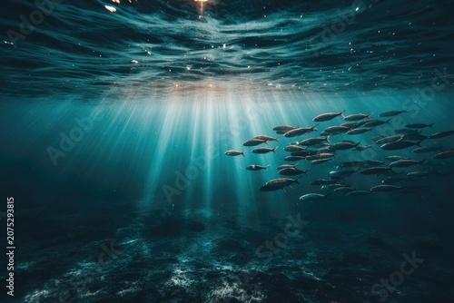 Sunbeams pierce deep ocean; fish school