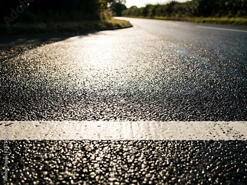 Close up of wet asphalt road surface with puddles.